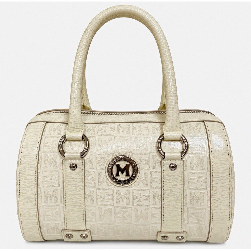 Metro City Ivory Patent Logo Small Satchel Top Handle Zip Double Handles Strap